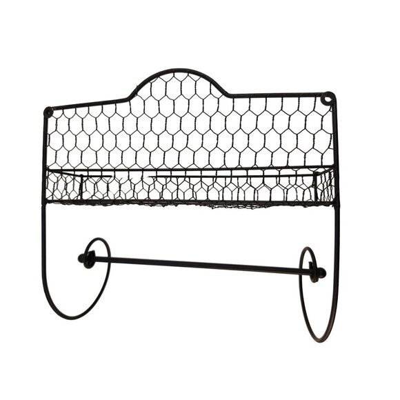 Black Metal Wire Wall-Mounted Shelf & Paper Towel Holder With Decorative Chicken - Picture 2 of 8